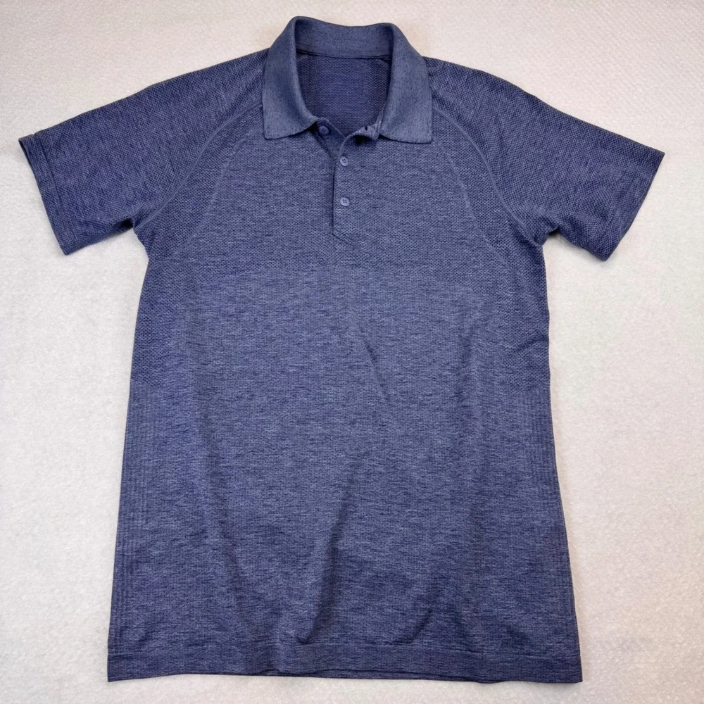 Lululemon Men Polo‎ Shirt Navy Blue Textured Athletic Performance Short Sleeve S